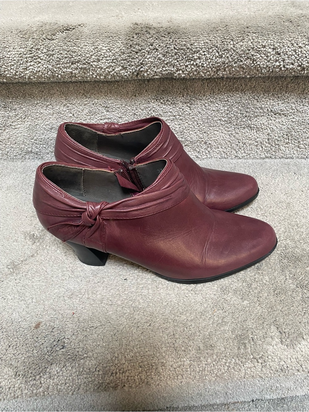 Hand Made Women's Ankle Booties in Burgundy Leather - Stylish Knot Accent
